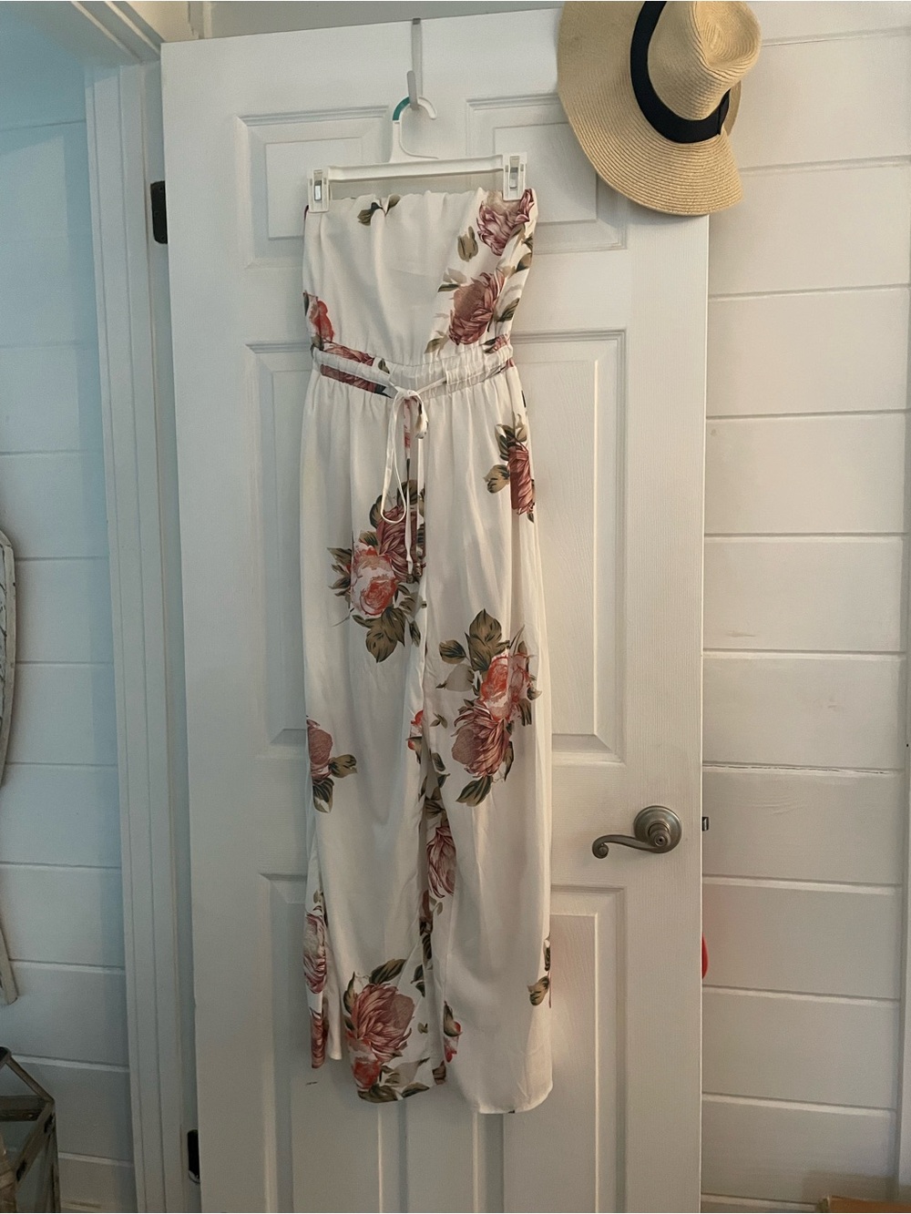 Hello Molly White Strapless Floral Tie-Waist Jumpsuit